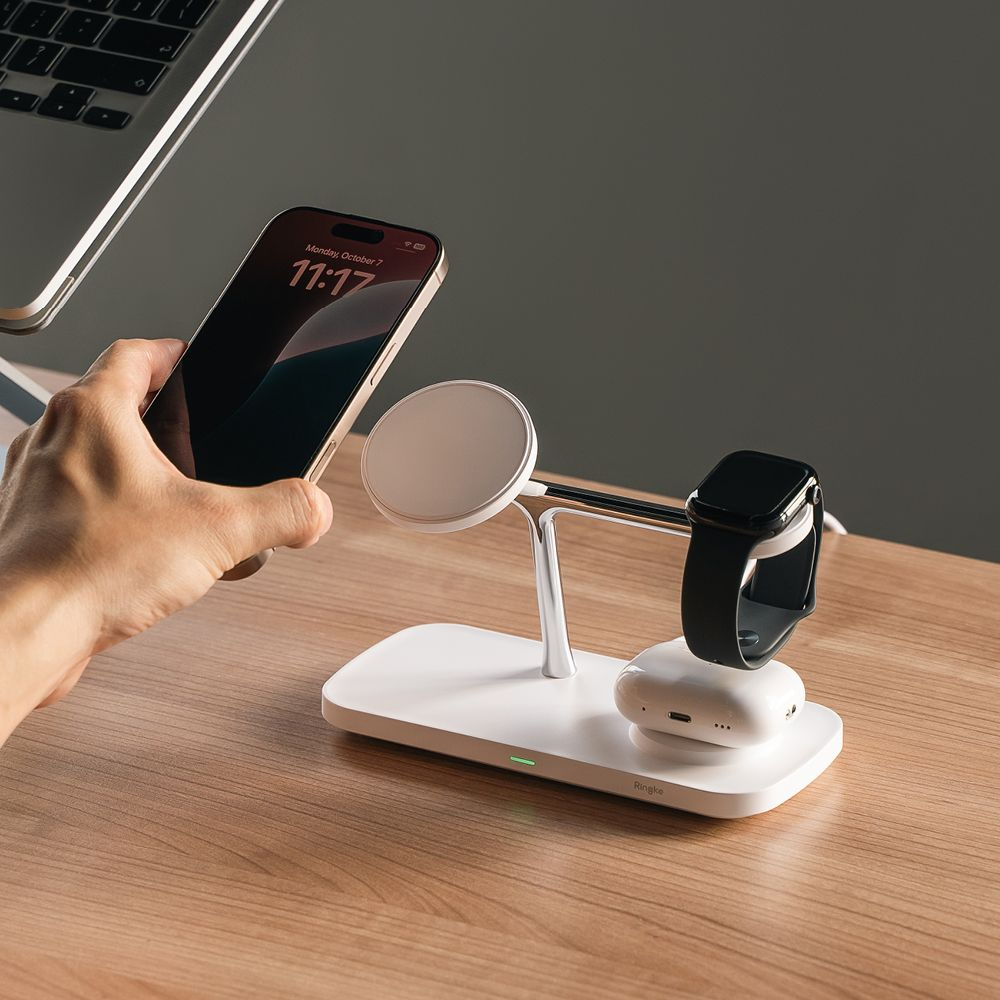 Ringke 3-i-1 Qi2 Magnetisk Trådløs Oplader - MagSafe Kompatibel - Hvid